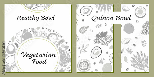 Illustrative designs for healthy vegetarian quinoa bowls with fruit and seed motifs