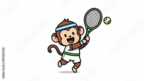 Cartoon monkey character in tennis outfit swinging racket at ball on white background with playful mood.