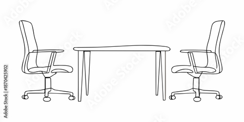 Simple outline of a table and two office chairs facing each other