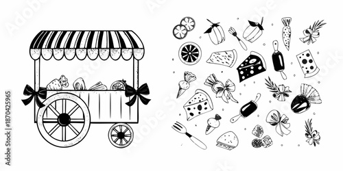 A charming black and white illustration of a food cart and sweet treats