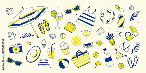 A vibrant summer collection featuring beach essentials and tropical elements