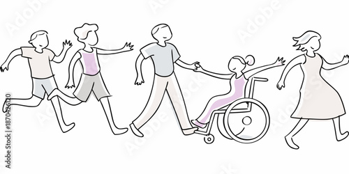 A group of people including a person in a wheelchair running together