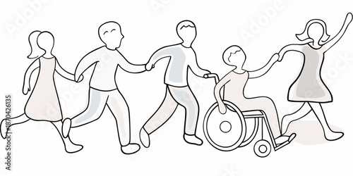A diverse group of people walking together including someone in a wheelchair