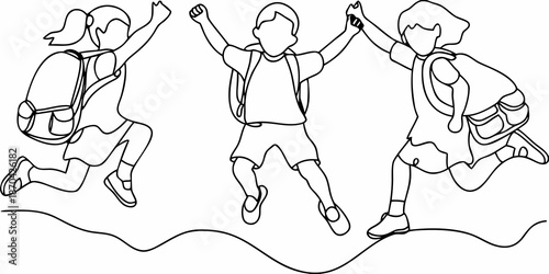 Joyful children leaping with backpacks a line drawing depicting freedom and play