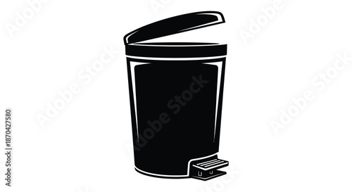 A stark black trash can with a foot pedal and open lid a bold silhouette