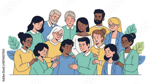 Diverse group of people standing together representing unity and community flat illustration for social media and web design