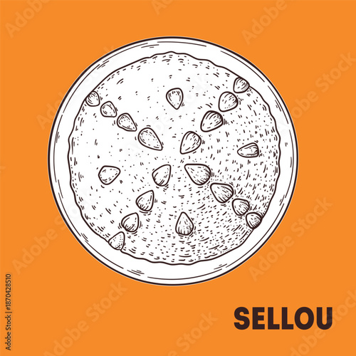 Sellou sketch. Maghreb food. Maghrebi cuisine. drawing illustration. Top view.