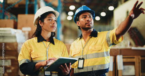 Bilde på lerret People, warehouse and team pointing with tablet for inventory checklist or storage inspection