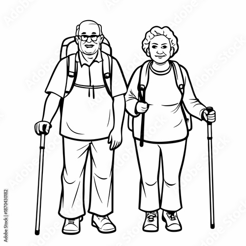 elderly couple smiling with hiking poles on a white background