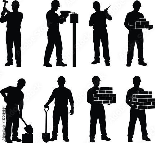Construction workers silhouettes, building labor icons, industrial tools, hard hat safety, bricklaying, shoveling, repair, maintenance, teamwork, flat vector illustration