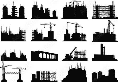 Construction, Site, Building, Crane, Tower, Framework, Structure, Industrial, Project, Development, Architecture, Engineering, Worker, Safety, Urban, City, Equipment, Vector, Icon, Silhouette