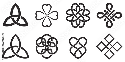 Endless knot, cultural symbol of Buddhism, sacred Celtic intertwined knot patterns, medieval decorative ornament design vector illustration.