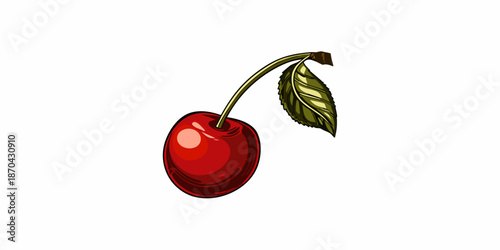 A vibrant illustration of a single ripe red cherry with a green stem