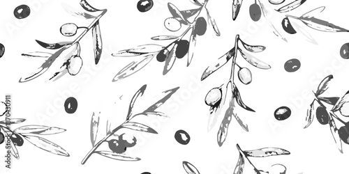Elegant olive branch and fruit pattern on a dark contrasting background