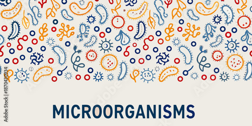 Colorful pattern of various microorganisms including bacteria and viruses on a white background