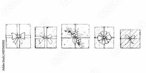 A row of sketch gift boxes with ribbons and floral decorations