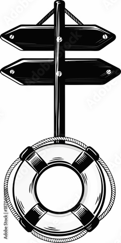 Black and white illustration of a directional signpost with a life preserver base