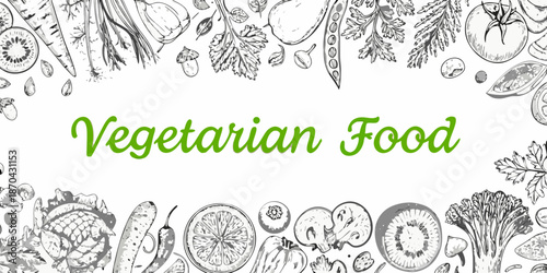 A botanical illustration displaying a variety of fresh fruits and vegetables