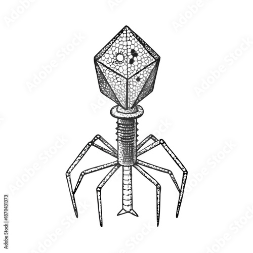 Detailed depiction of a bacteriophage virus with a hexagonal head and tail fibers