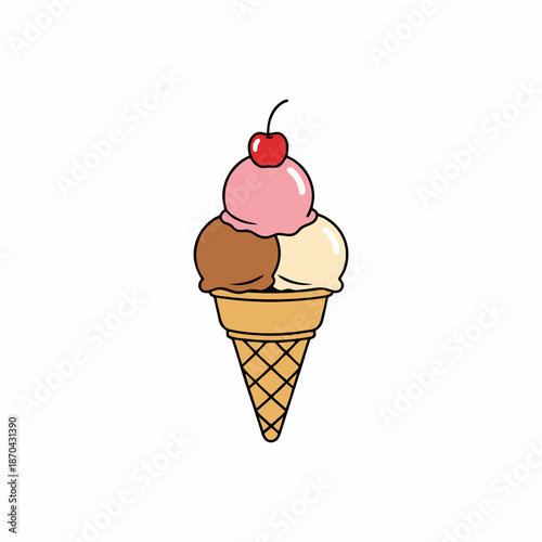 Ice cream cone vector illustration with chocolate, strawberry and vanilla variants with cherries isolated on white background