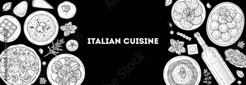 Italian cuisine top view frame. Italian food. Vector drawing illustration. Set of sketches of Italian dishes. Food menu design template. Not AI generated.
