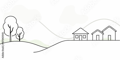 Simple line drawing of a rural landscape with houses and a tree