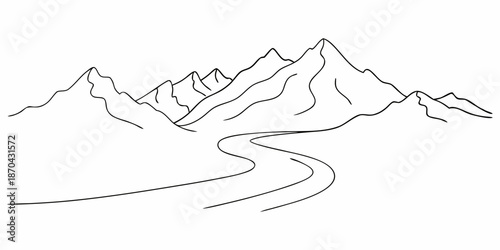 Simple line drawing of a mountain range with a winding river below
