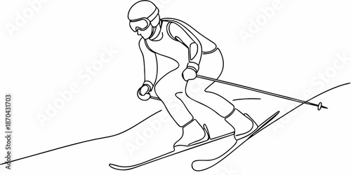 Line art depiction of a skier in motion downhill on snowy slopes
