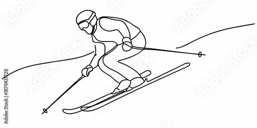 A dynamic line art illustration of a skier in motion on snowy slopes