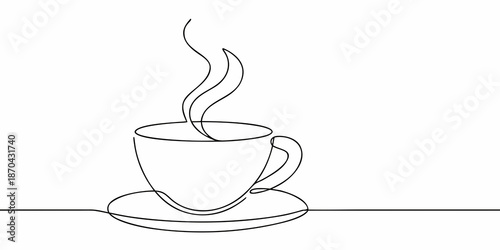 A single line drawing of a steaming cup of coffee on a saucer