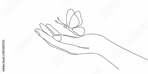 A delicate butterfly resting gently on an open human hand line art