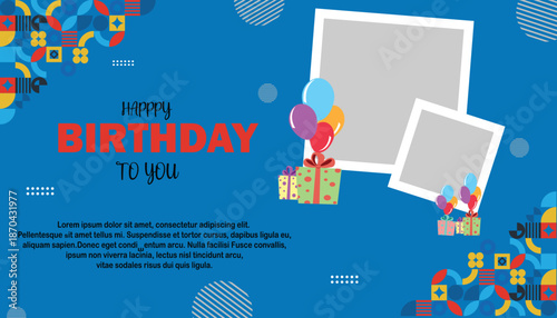 birthday greeting card / poster design. background is bright blue, giving a cheerful and festive feeling.
