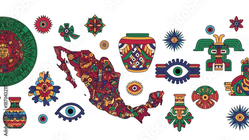 Mexican Culture Aztec Elements Map Symbols Art