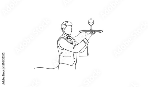 One Line Art Waiter Serving Wine Vector Illustration