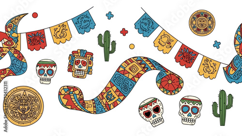 Mexican Fiesta Banner With Skulls, Cacti and Aztec Symbols