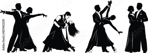 Ballroom dancer couple silhouettes performing elegant waltz and tango movements, romantic partner choreography isolated black vector illustration collection set
