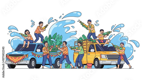 Thai Songkran Water Festival Celebration with People and Cars