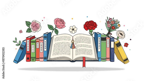 Open Book surrounded by Flowers and Books