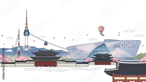 Seoul skyline with traditional palace and modern DDP building