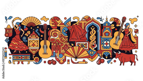 Spanish Culture Doodle Art: Flamenco, Guitar, Bull, Fan, Architecture