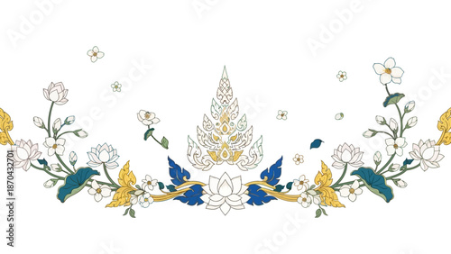 Thai Floral Border Design with Lotus Flowers and Golden Ornate