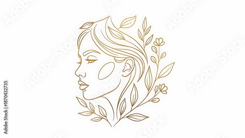 Elegant Golden Line Art Woman Profile with Botanical Elements and Serene Expression