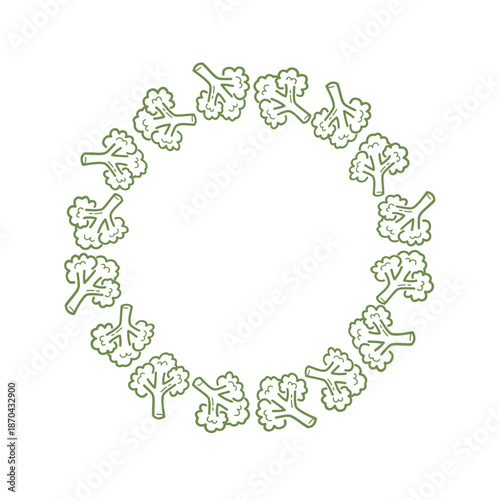 Cute broccoli wreath frame in hand drawn outline style.