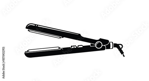 A sleek black hair straightening iron depicted in a minimalist modern style silhouette