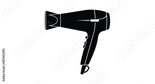 A striking black and white illustration depicting a modern hair dryer in a bold silhouette