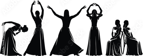 Woman dancer silhouettes performing expressive ballet poses, modern dance choreography movements isolated black vector illustration set for performance art