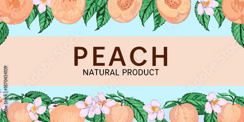 A vibrant illustration of peaches blossoms and a natural product label