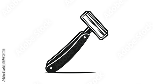 A striking black and white illustration depicts a classic vintage safety razor a detailed silhouette