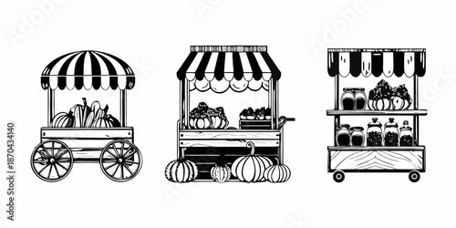 Three vintage market stalls displaying produce and goods in black and white