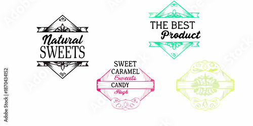 Graphic designs featuring ornate frames and text for natural sweets and caramel
